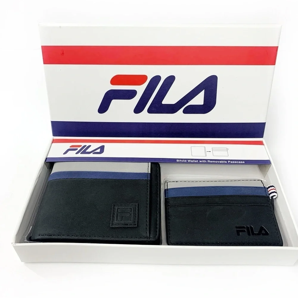 Fila Black Bifold Wallet w/ Blue & Grey Stripe • 9 Card Slots • Gift Box
